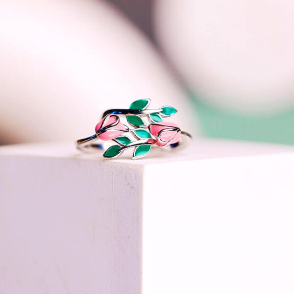 92.5 Silver Floral Vine Toe Ring in Pink & Green