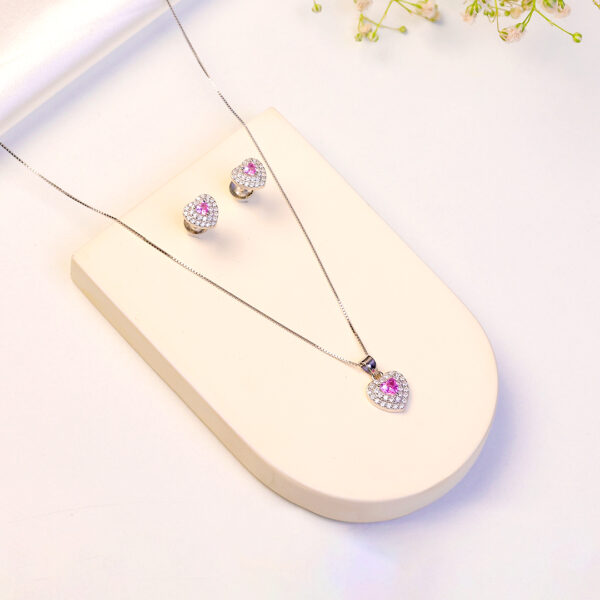 92.5 Silver chain with heart pendant and matching earrings(pink stone with zircon settings)