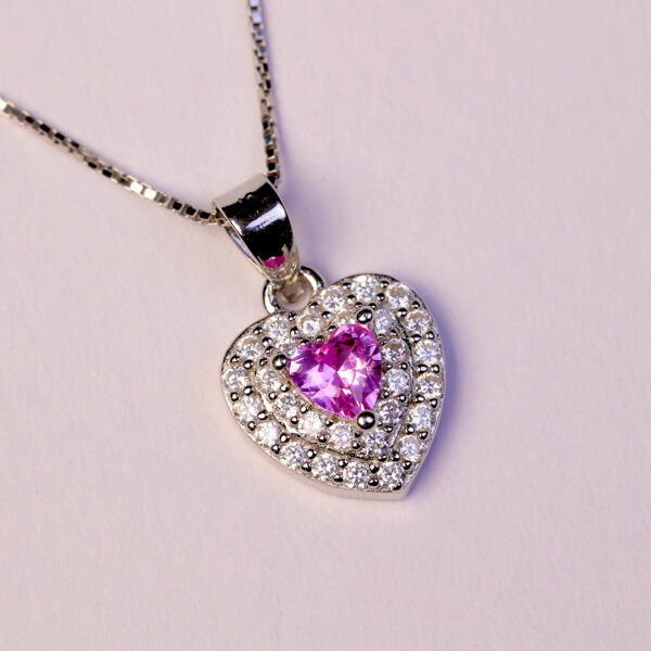 92.5 Silver chain with heart pendant and matching earrings(pink stone with zircon settings) - Image 3