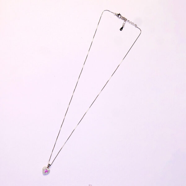 92.5 Silver chain with heart pendant and matching earrings(pink stone with zircon settings) - Image 2