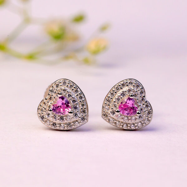 92.5 Silver chain with heart pendant and matching earrings(pink stone with zircon settings) - Image 5